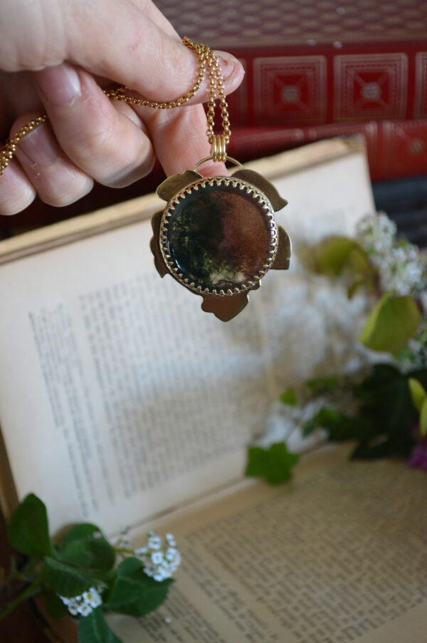 Pendentif grande feuille et agate mousse bicolore – Image 2