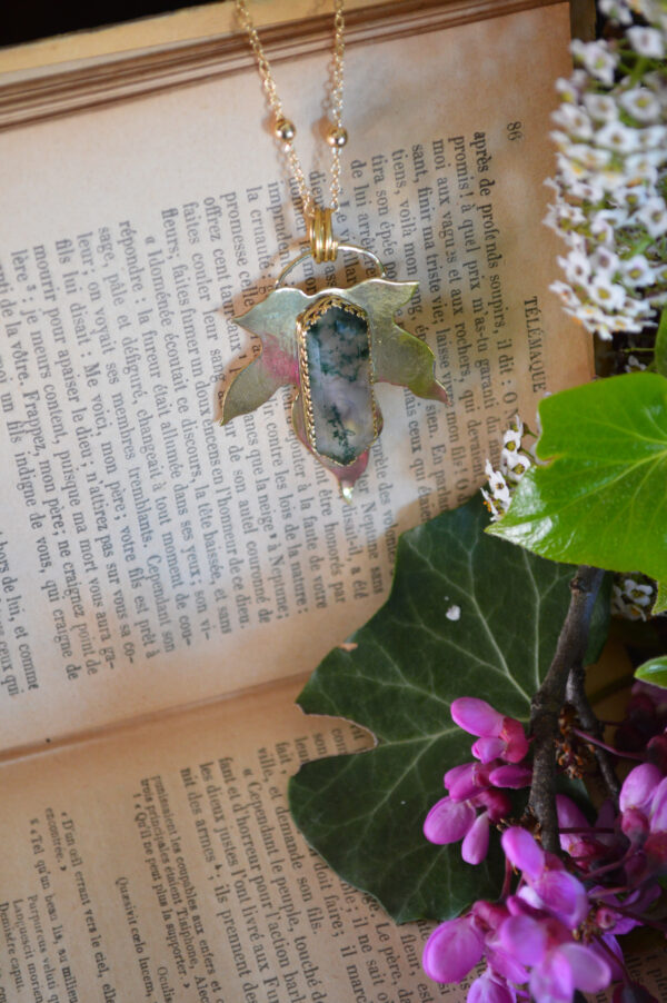 Pendentif grande feuille et agate mousse – Image 3