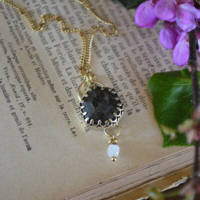 Pendentif quartz noir rutilé et perle en pierre de lune