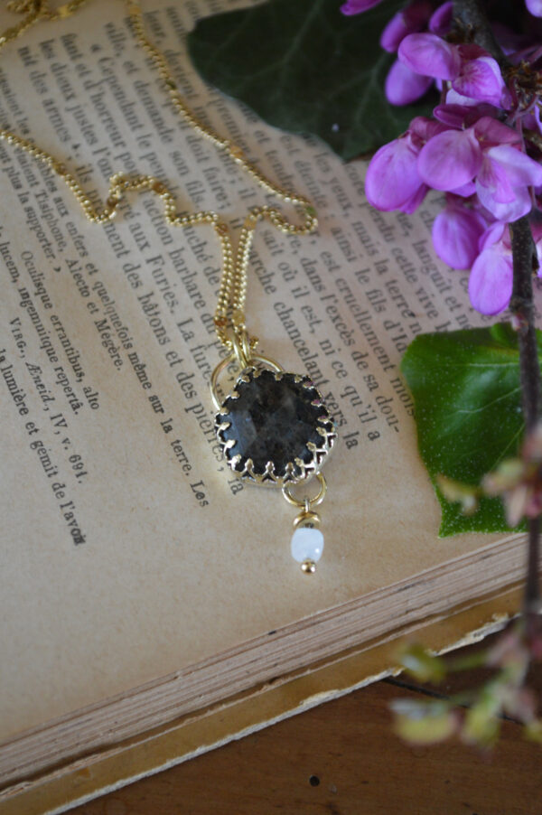 Pendentif quartz noir rutilé et perle en pierre de lune