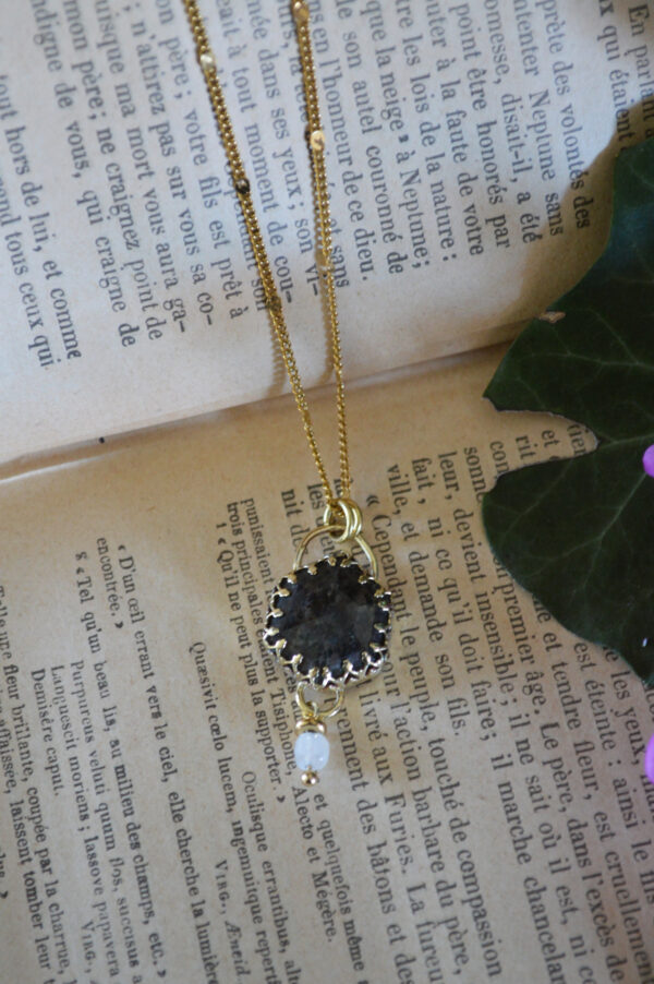 Pendentif quartz noir rutilé et perle en pierre de lune – Image 3