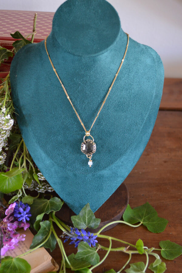 Pendentif quartz noir rutilé et perle en pierre de lune – Image 2