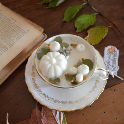 Bougie parfumée dans une tasse chinée : Pumpkin patch, parfum gourmand